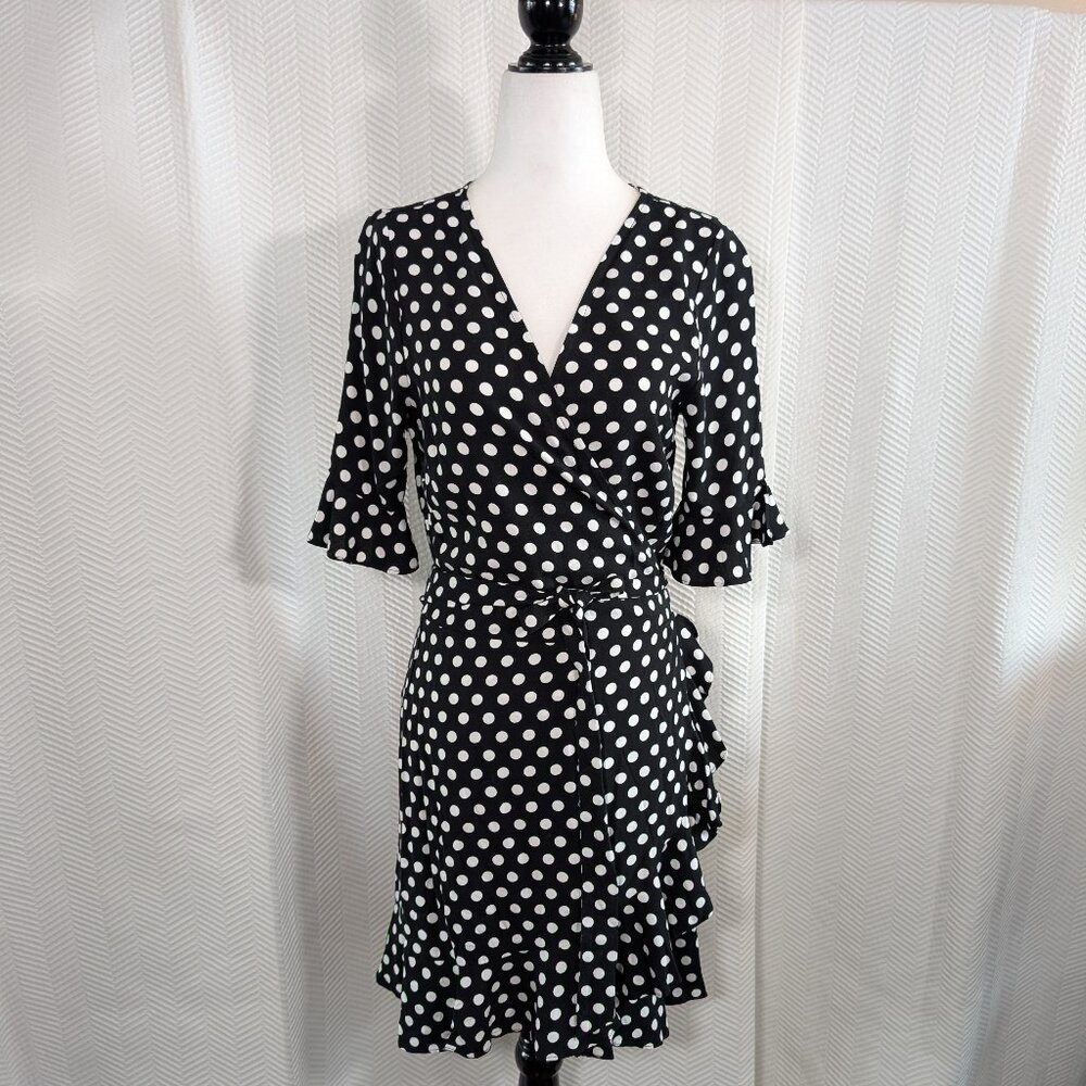 Elodie Black & White Polka Dot Wrap Dress Ruffle Trim Size Medium Feminine